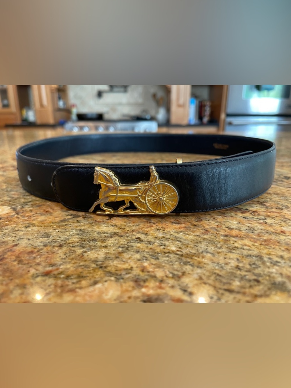 Beautiful Vintage CELINE Paris Belt with Gold Tone Horse Carriage Buckle.
